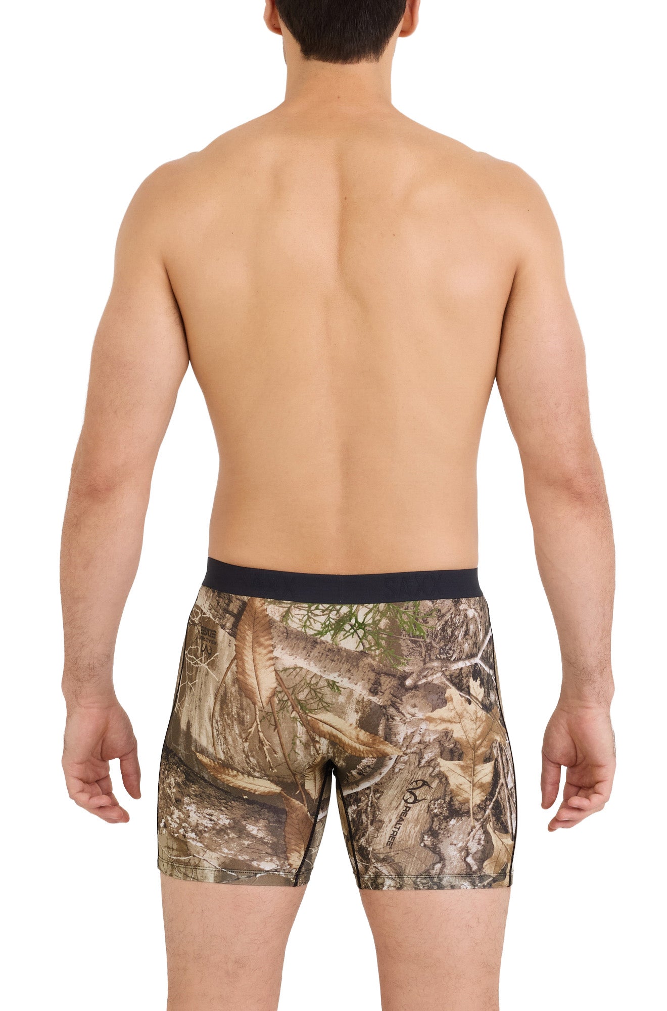 Saxx men's brown woodland camouflage boxer underwear with Realtree print and black waistband shown from the back
