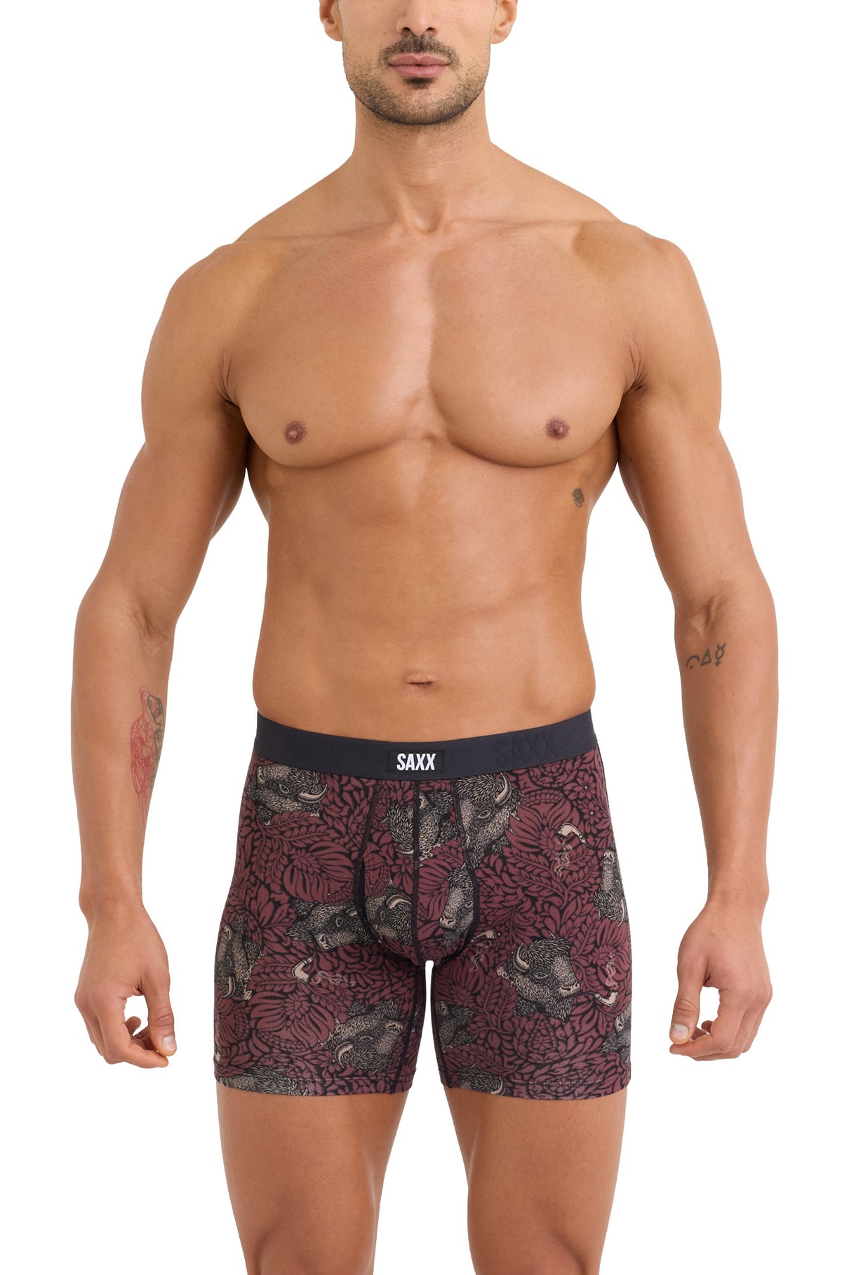 Men's model front view of burgundy printed boxer briefs with contour pouch and black SAXX waistband