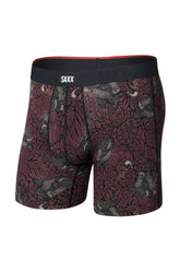 Men's burgundy printed boxer briefs with animal floral motif and black SAXX waistband shown from the front