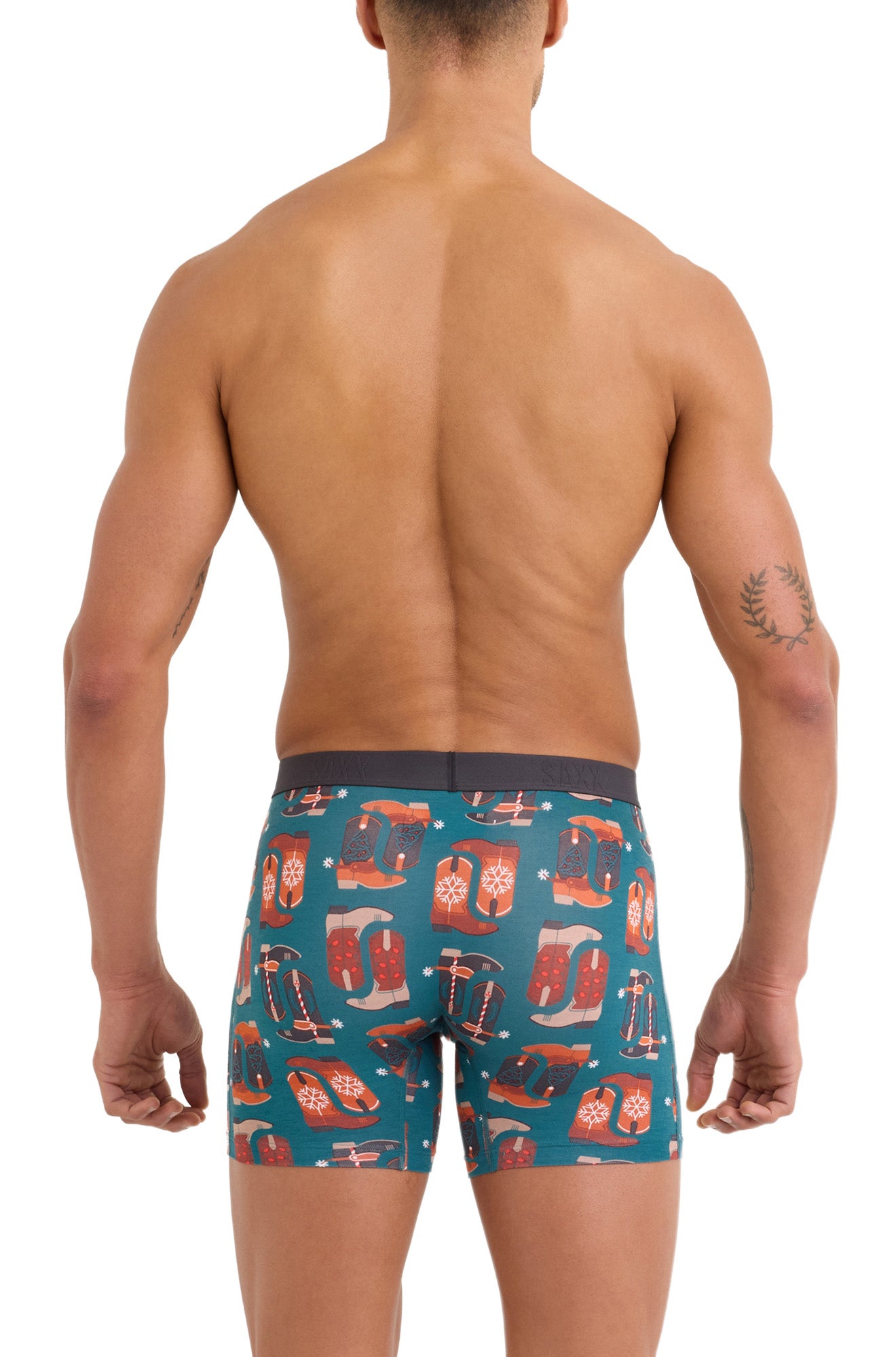 Men's teal boxer underwear with black waistband and western boot print, back model view by Saxx