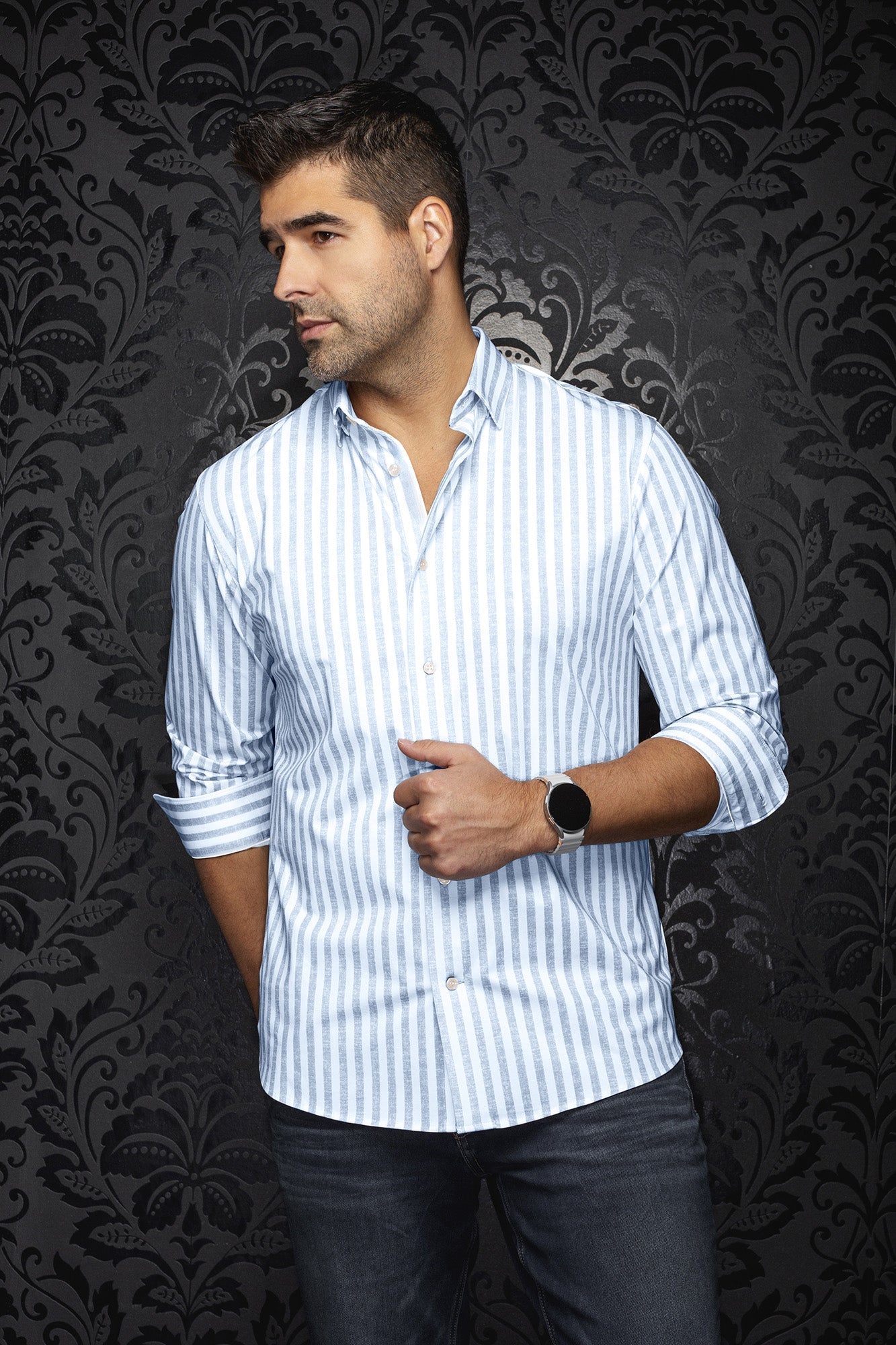 Chemise manches longues en Knit extensible pour homme par Au Noir | TELLY Bleu | Machemise.ca, inventaire complet de la marque Au Noir