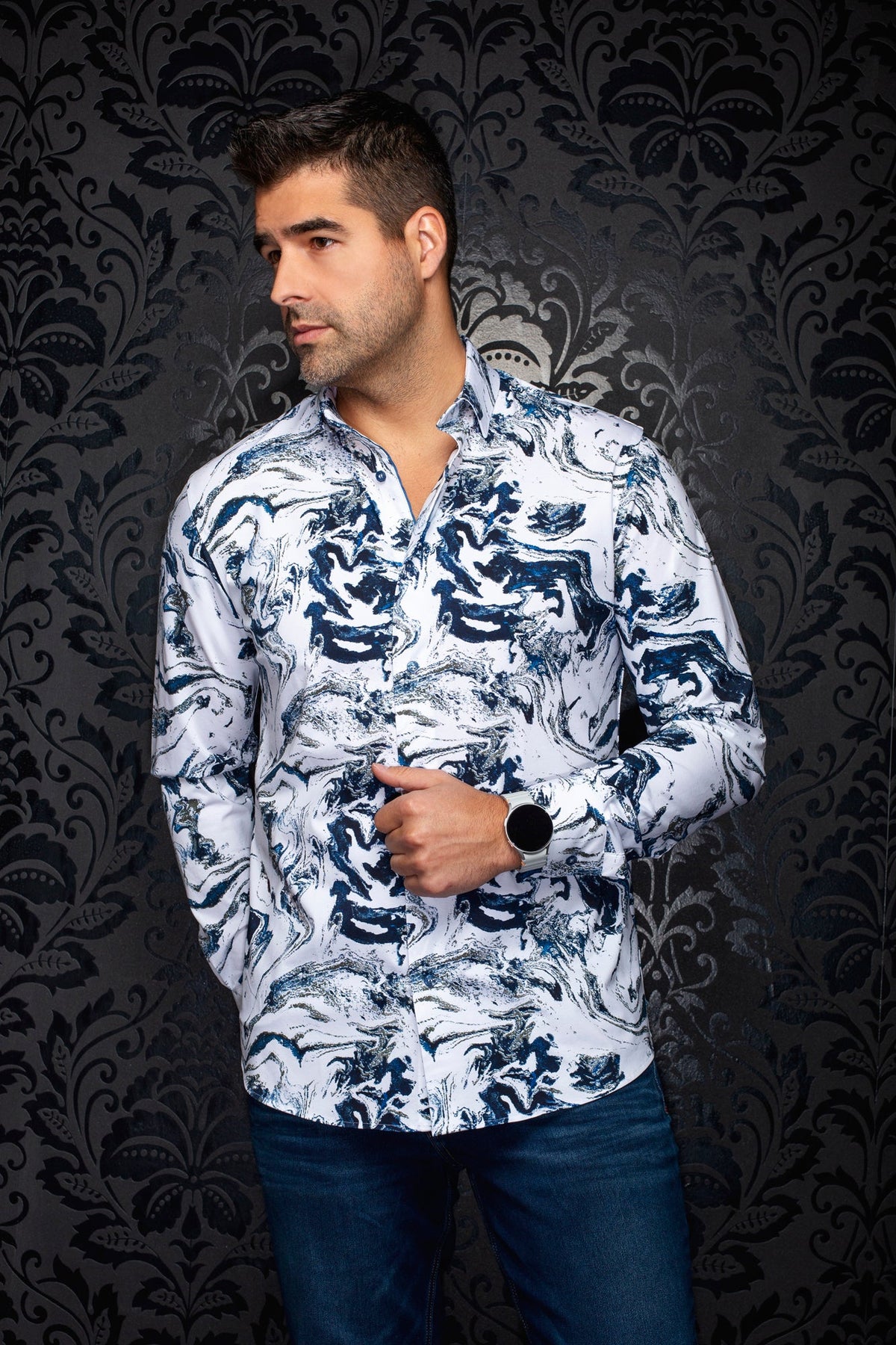 Chemise manches longues en Knit extensible pour homme par Au Noir | THOMAS Blanc Bleu | Machemise.ca, inventaire complet de la marque Au Noir