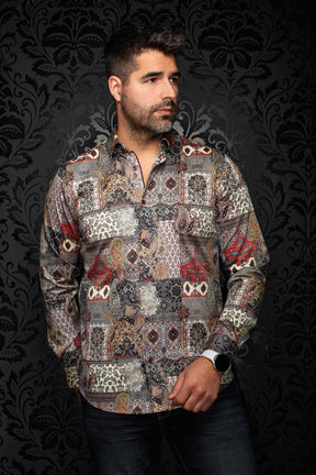Au Noir men's multicolor paisley patchwork button-up shirt with long sleeves and curved hem, front view