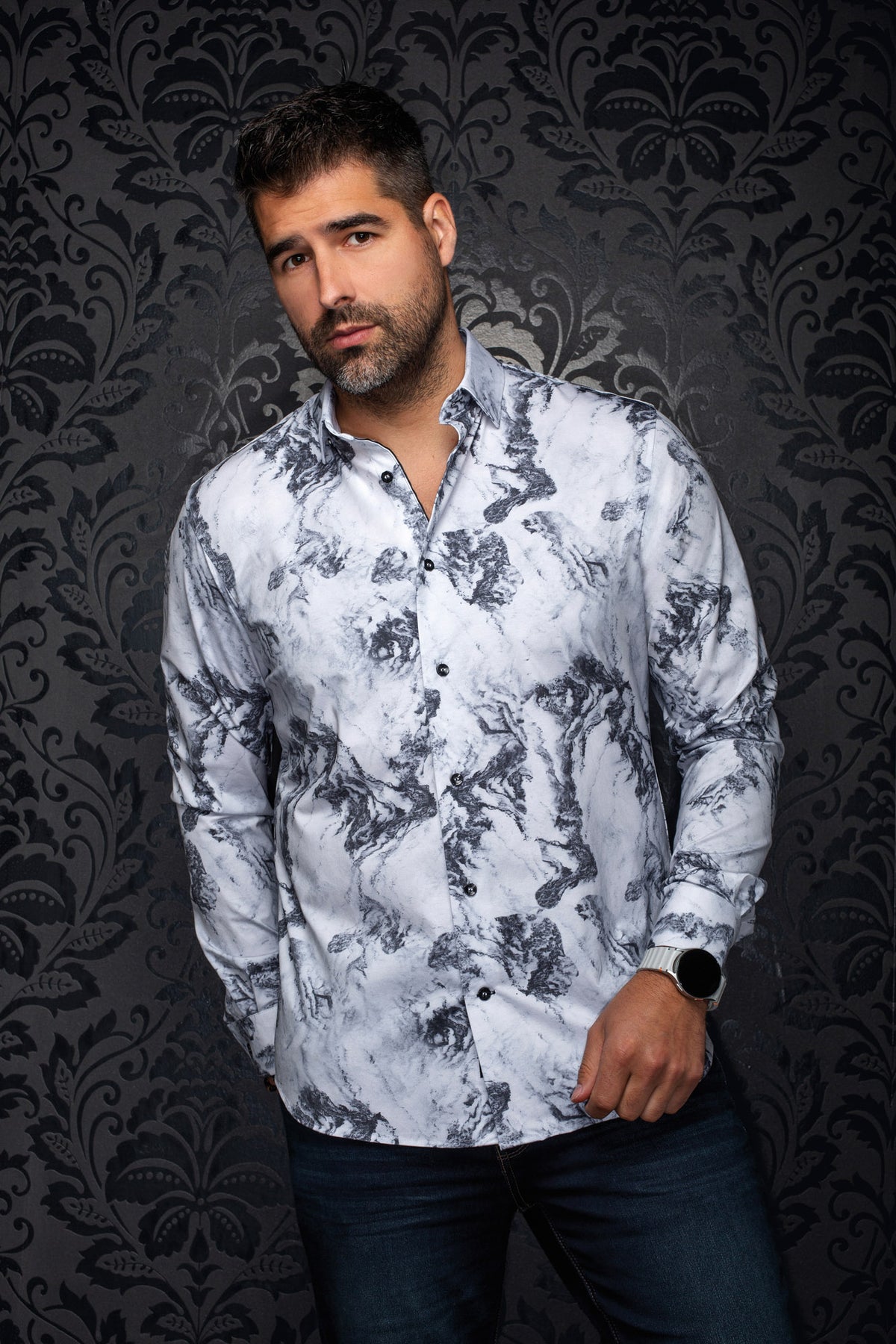 Men's white shirt with black and gray marble print, front model view with black buttons visible by Au Noir