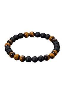 Men's isolated black and brown beaded bracelet with matte black and glossy tiger-eye-style beads by Au Noir