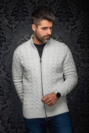 Au Noir men's light gray cable-knit zip sweater merino sweater with stand collar and ribbed hem shown from the front