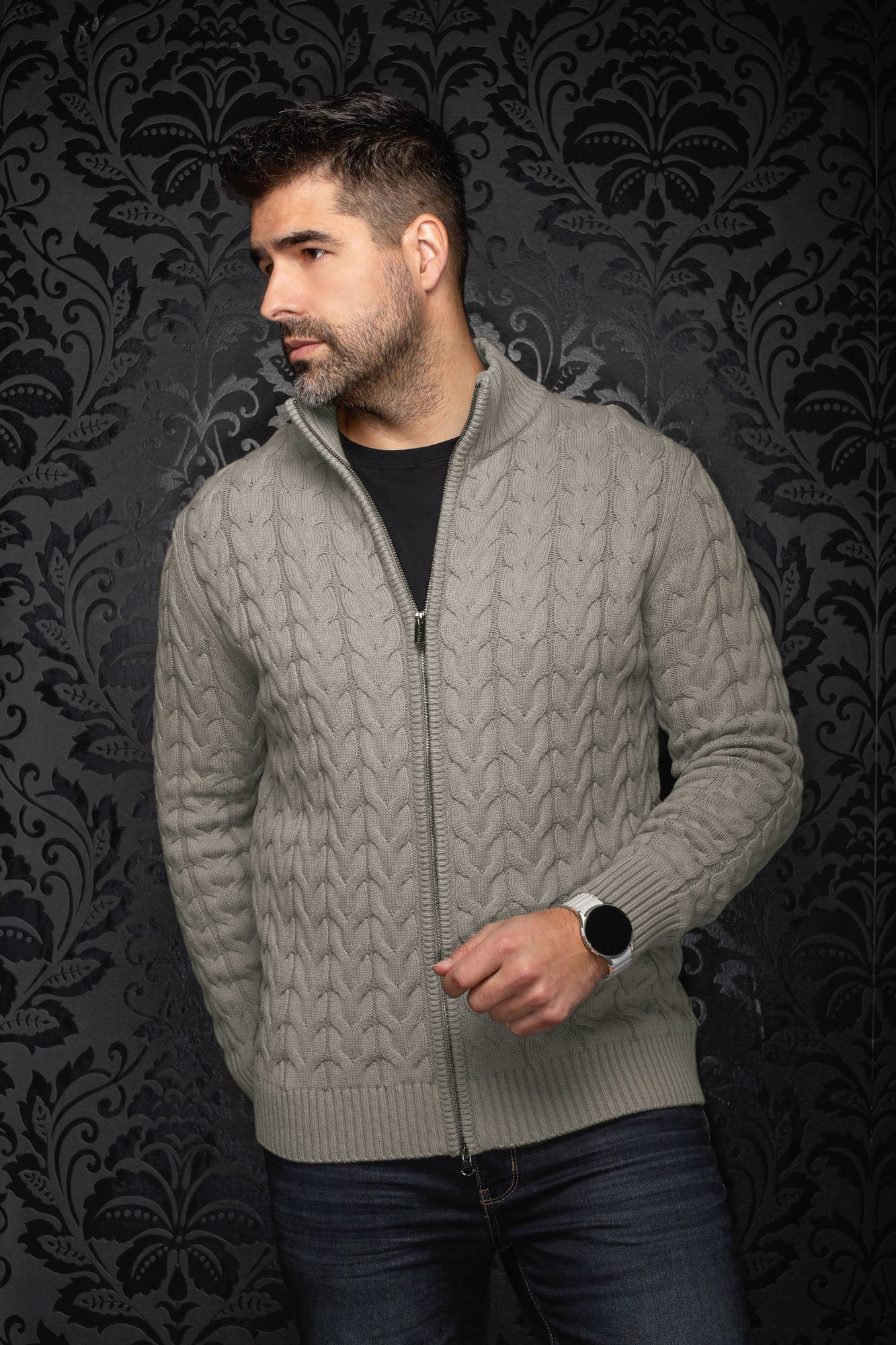 Men's gray cable-knit zip sweater merino sweater on model, front view with ribbed stand collar and hem by Au Noir
