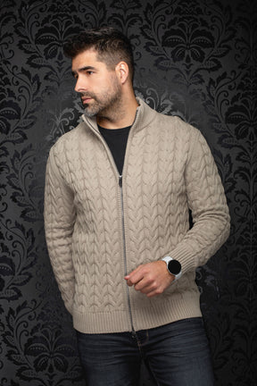 Men's beige cable-knit zip merino sweater shown front on model, with stand collar and ribbed hem by Au Noir