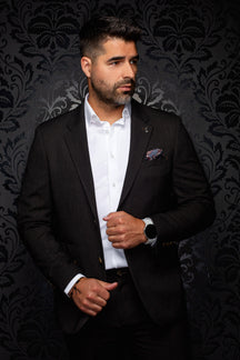 Au Noir men's dark brown blazer with notched lapels, chest pocket, and gold-tone cuff buttons, front view