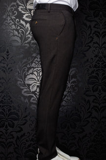 Au Noir men's dark brown pants side view with buttoned back welt pocket and waistband patch