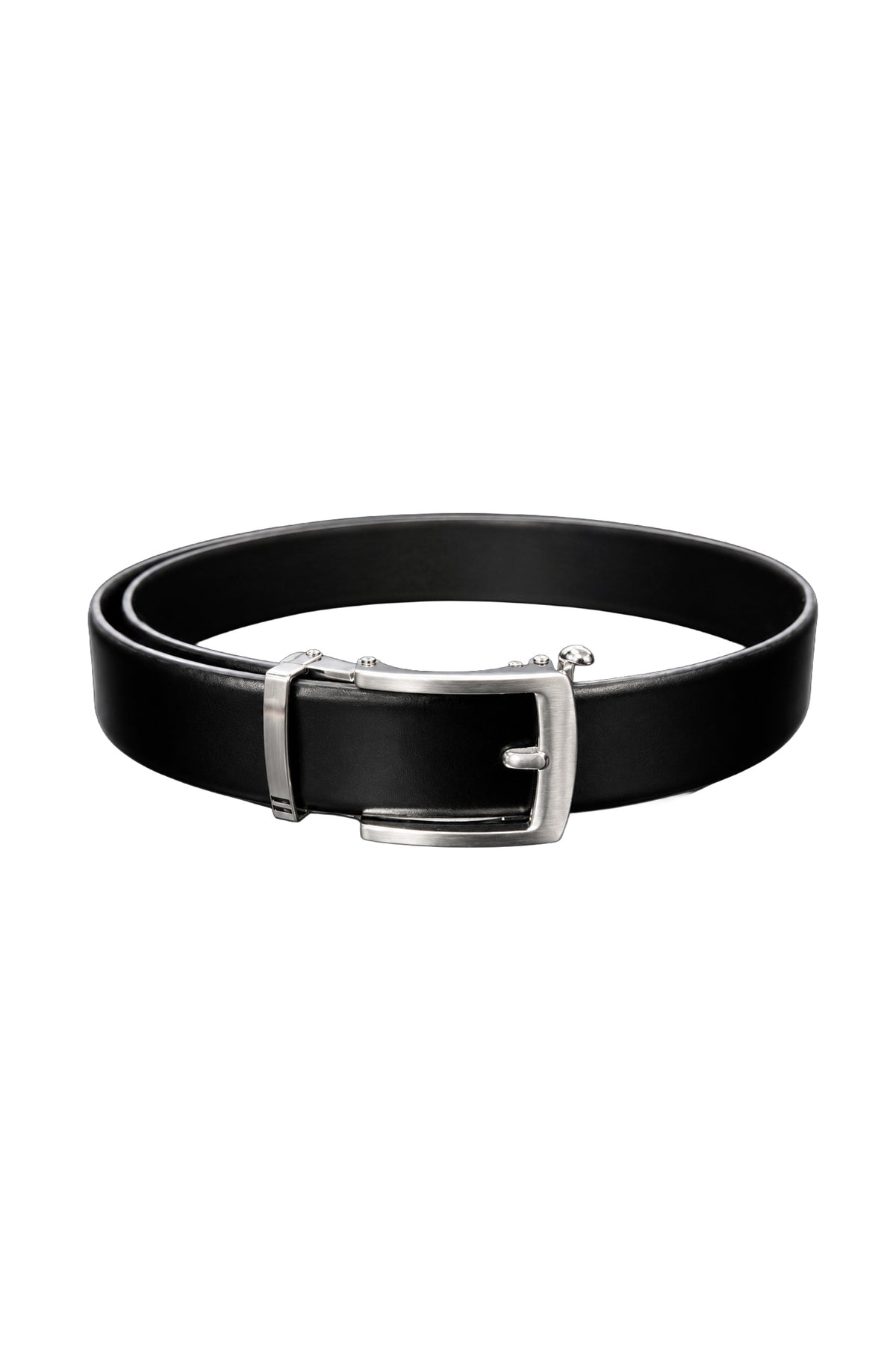 Au Noir men's black leather-look belt in looped product view with silver-tone rectangular buckle