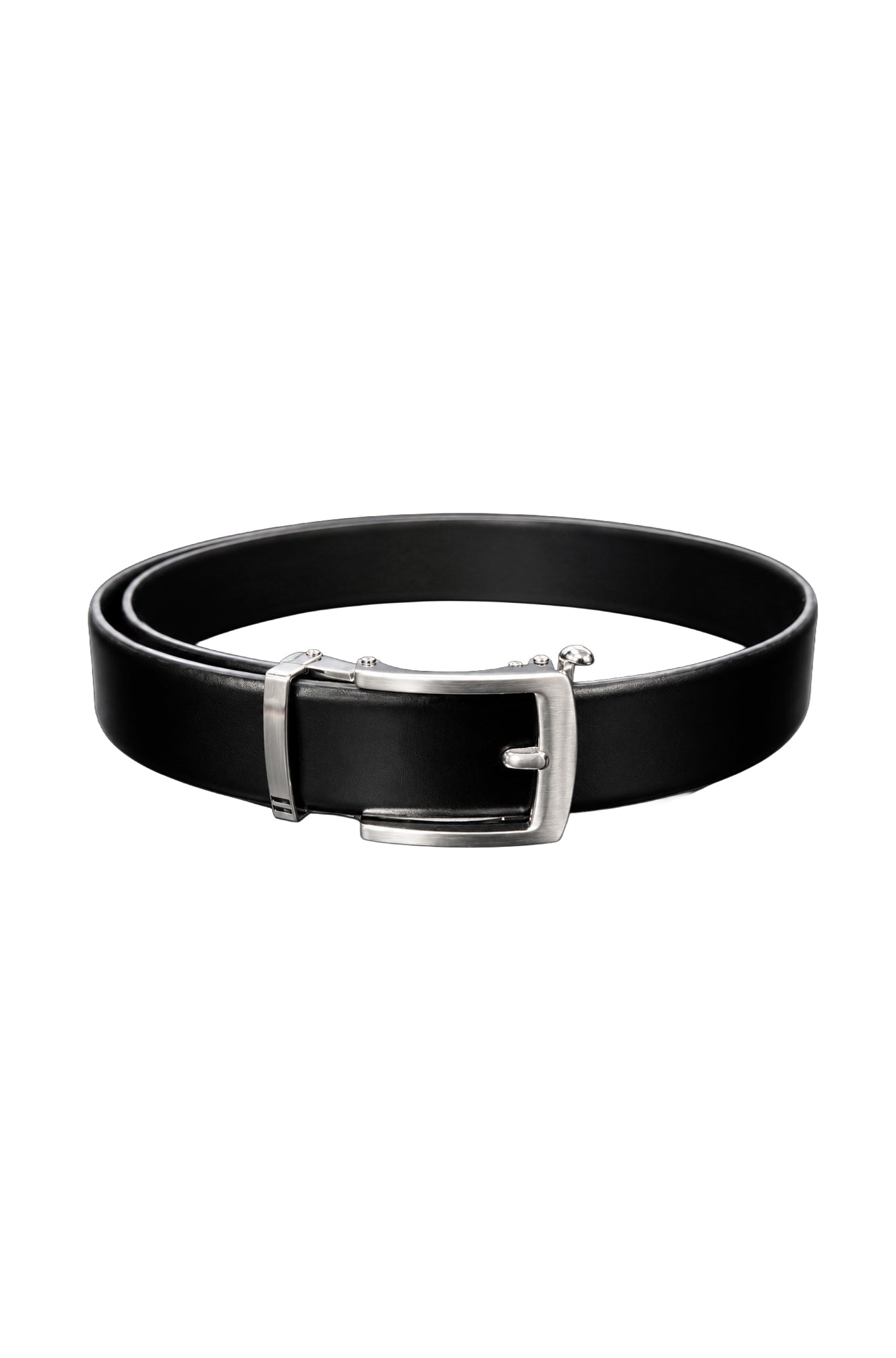 Au Noir men's black leather-look belt in looped product view with silver-tone rectangular buckle