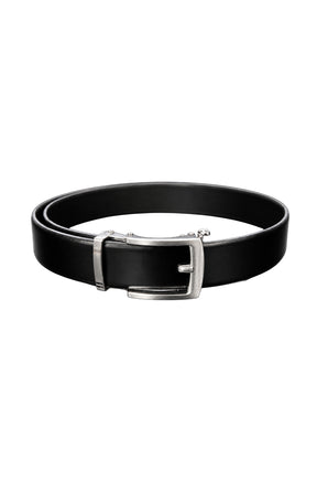 Au Noir men's black leather-look belt in looped product view with silver-tone rectangular buckle
