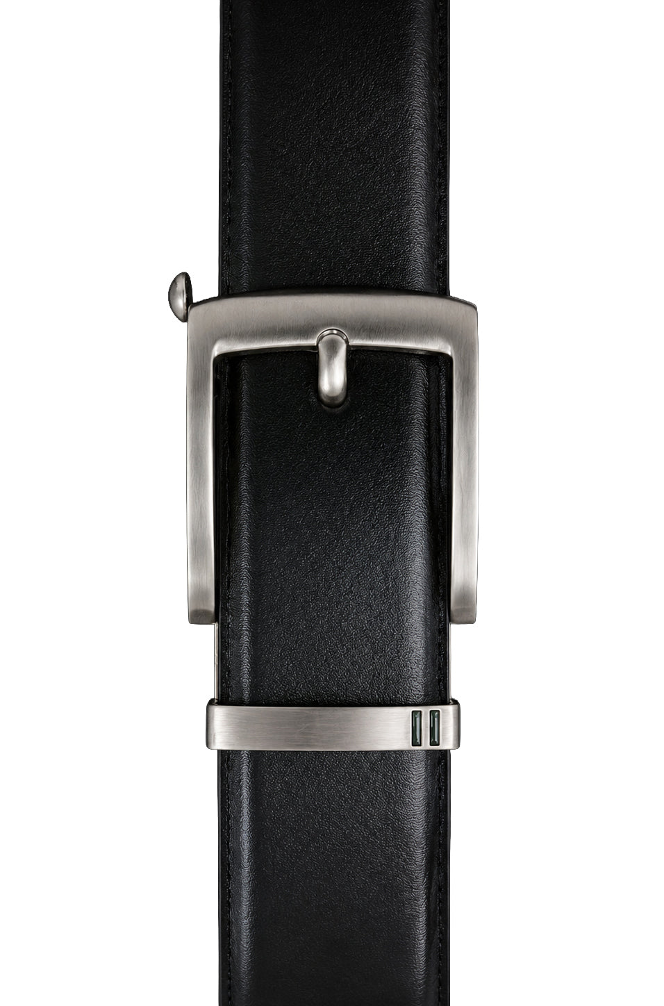 Au Noir men's black leather-look belt with silver-tone rectangular buckle and keeper, close-up