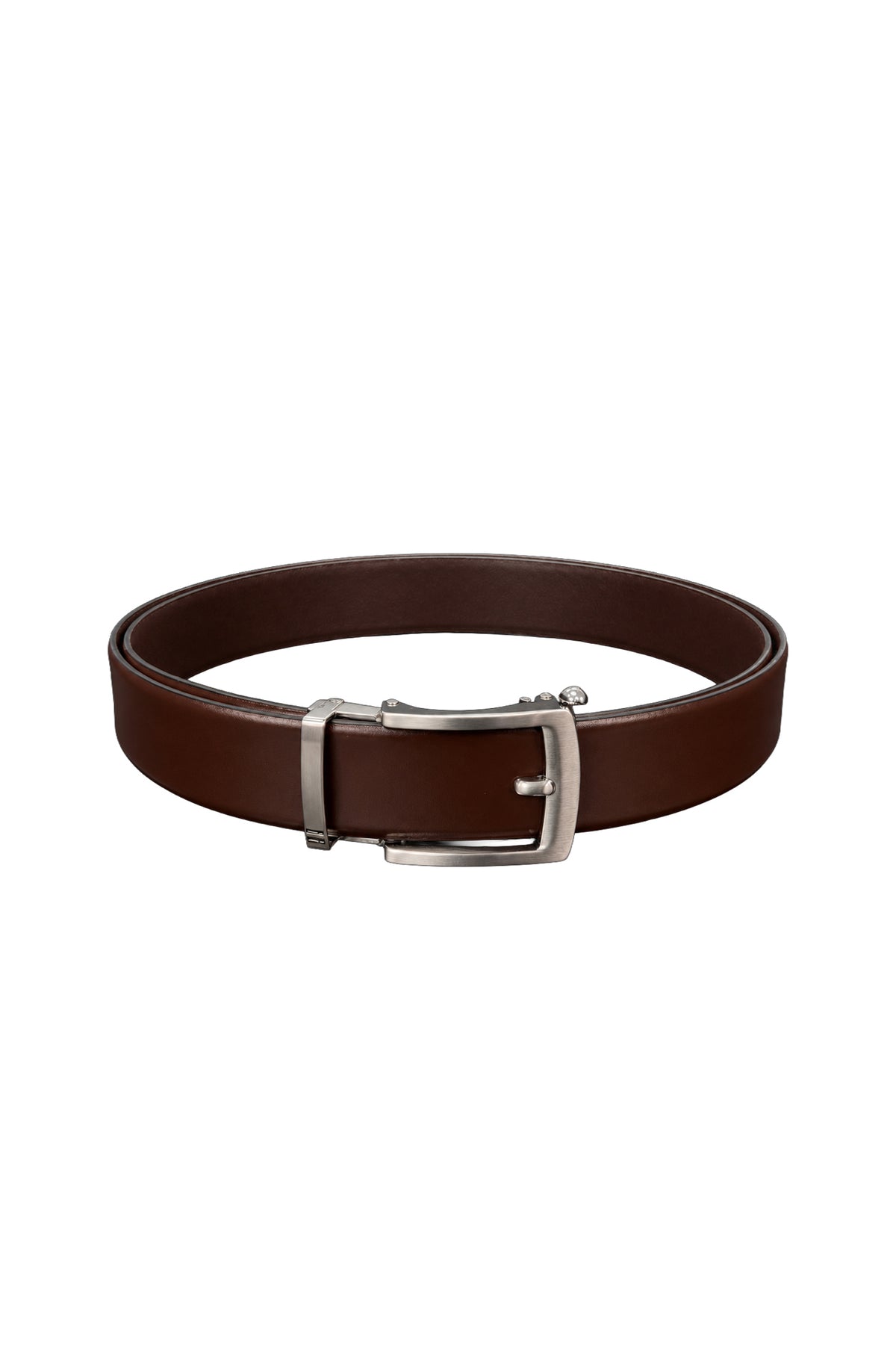 Au Noir men's brown leather-like belt shown in an oval with a silver-tone rectangular buckle and metal keeper, product view