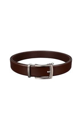 Au Noir men's brown leather-like belt shown in an oval with a silver-tone rectangular buckle and metal keeper, product view
