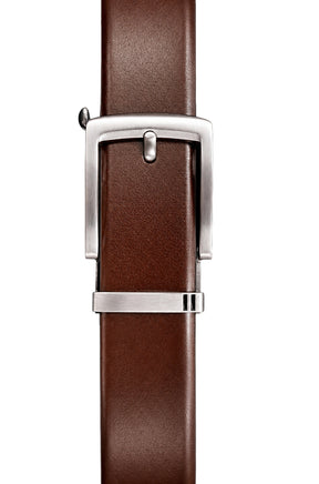 Au Noir men's brown leather-like belt strap with a silver-tone buckle and metal keeper detail, close-up