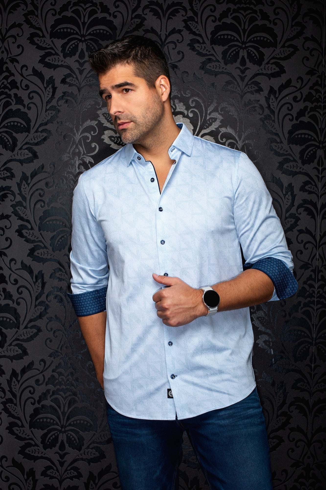 Chemise manches longues en Knit extensible pour homme par Au Noir | YUCCA Bleu | Machemise.ca, inventaire complet de la marque Au Noir