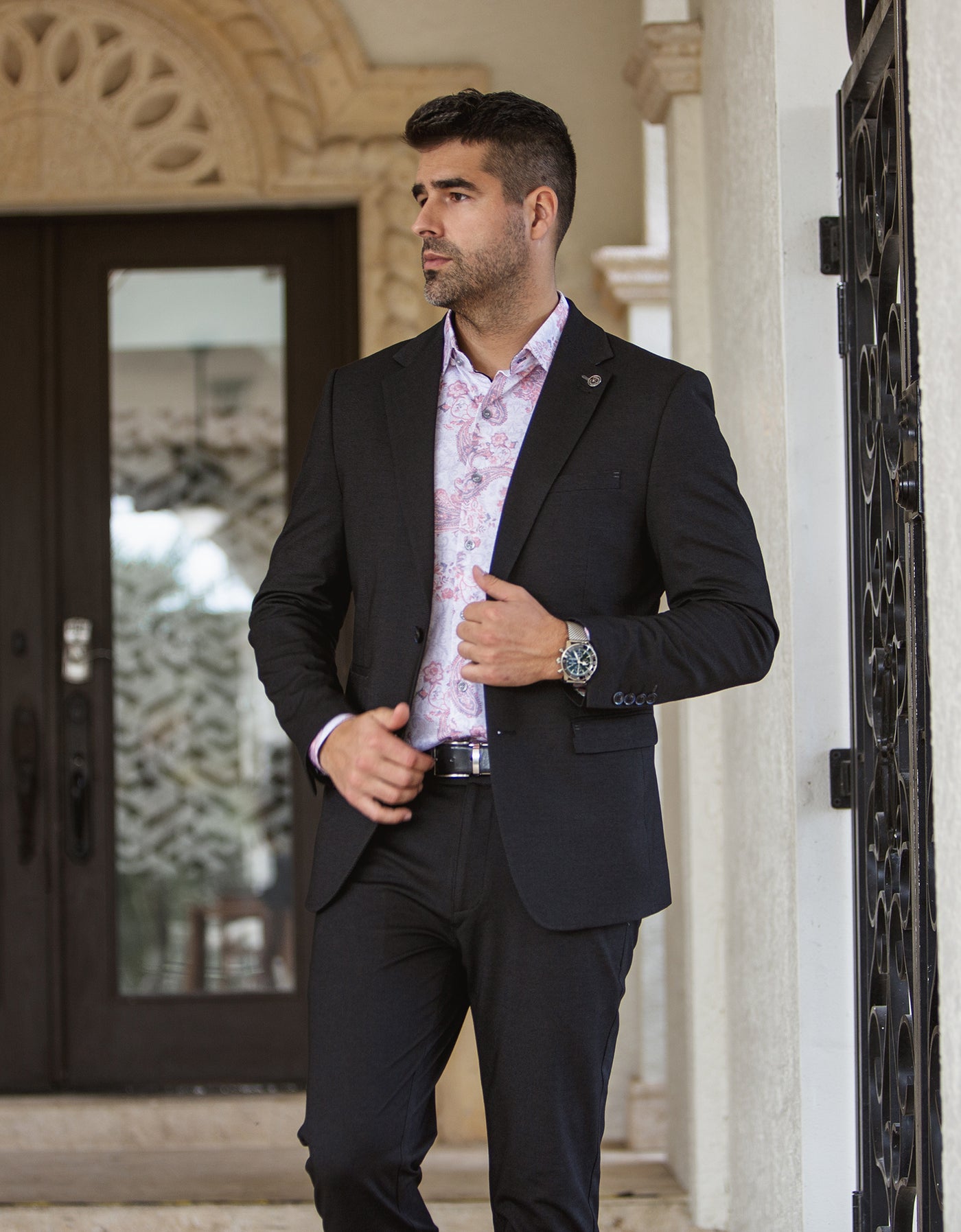 Au Noir men’s black Blazer with pink paisley shirt and black pants, styled for a refined formal menswear look.