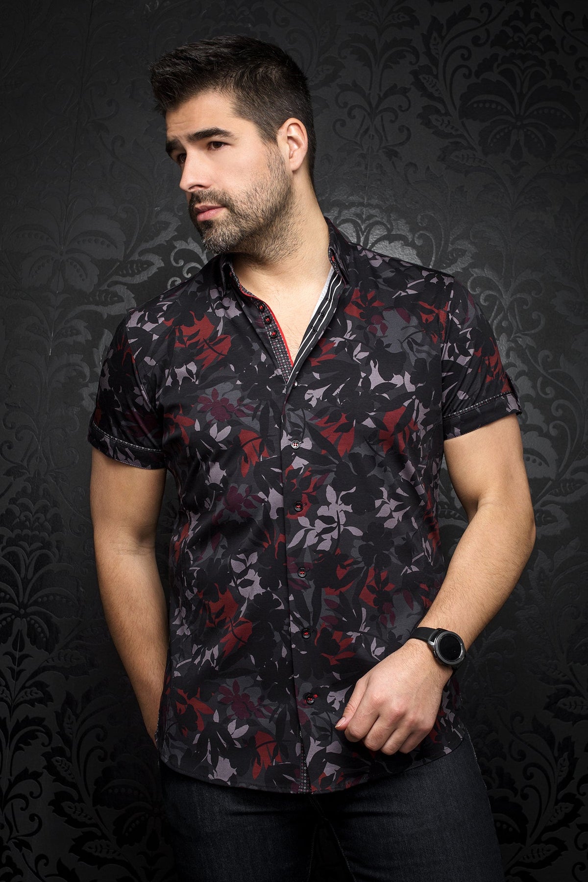 Chemise manches courtes pour homme par Au Noir | GIODEL (SS) black red | Machemise.ca, inventaire complet de la marque Au Noir