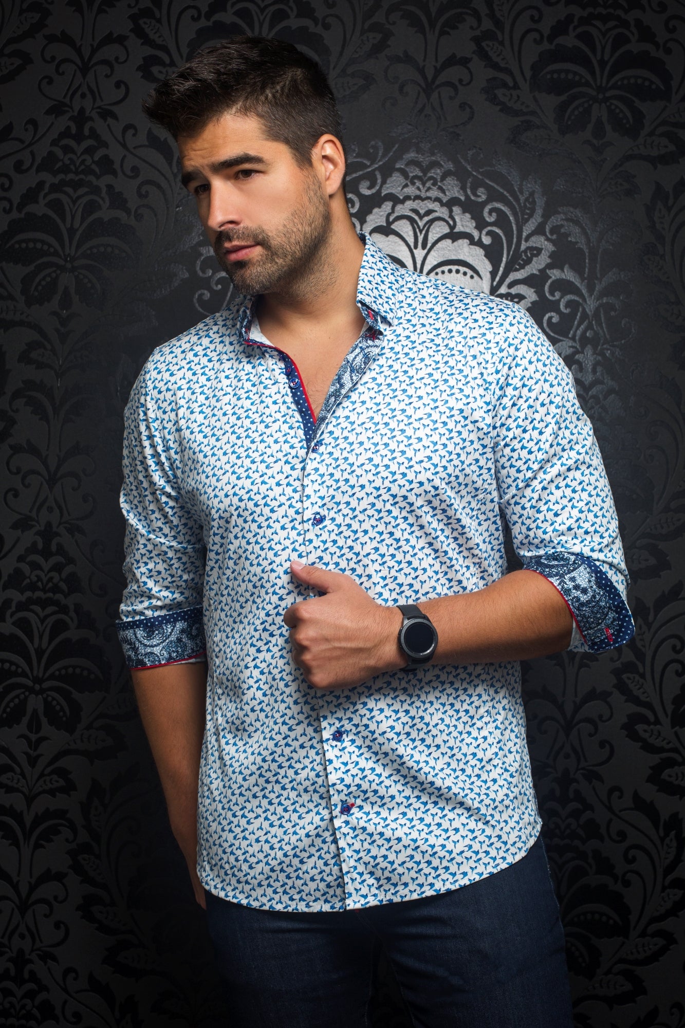 Chemise manches longues en Knit Au Noir - MAKI White Blue - Boutique Vvög, vêtements mode pour hommes