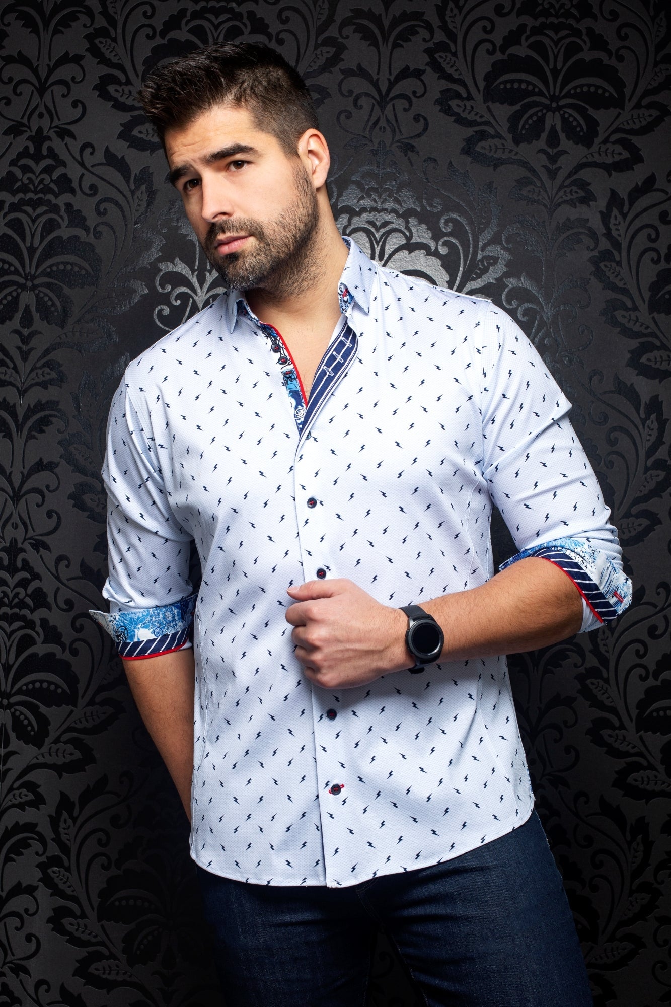 Chemise manches longues en Knit pour homme par Au Noir | VOLT white blue | Machemise.ca, inventaire complet de la marque Au Noir